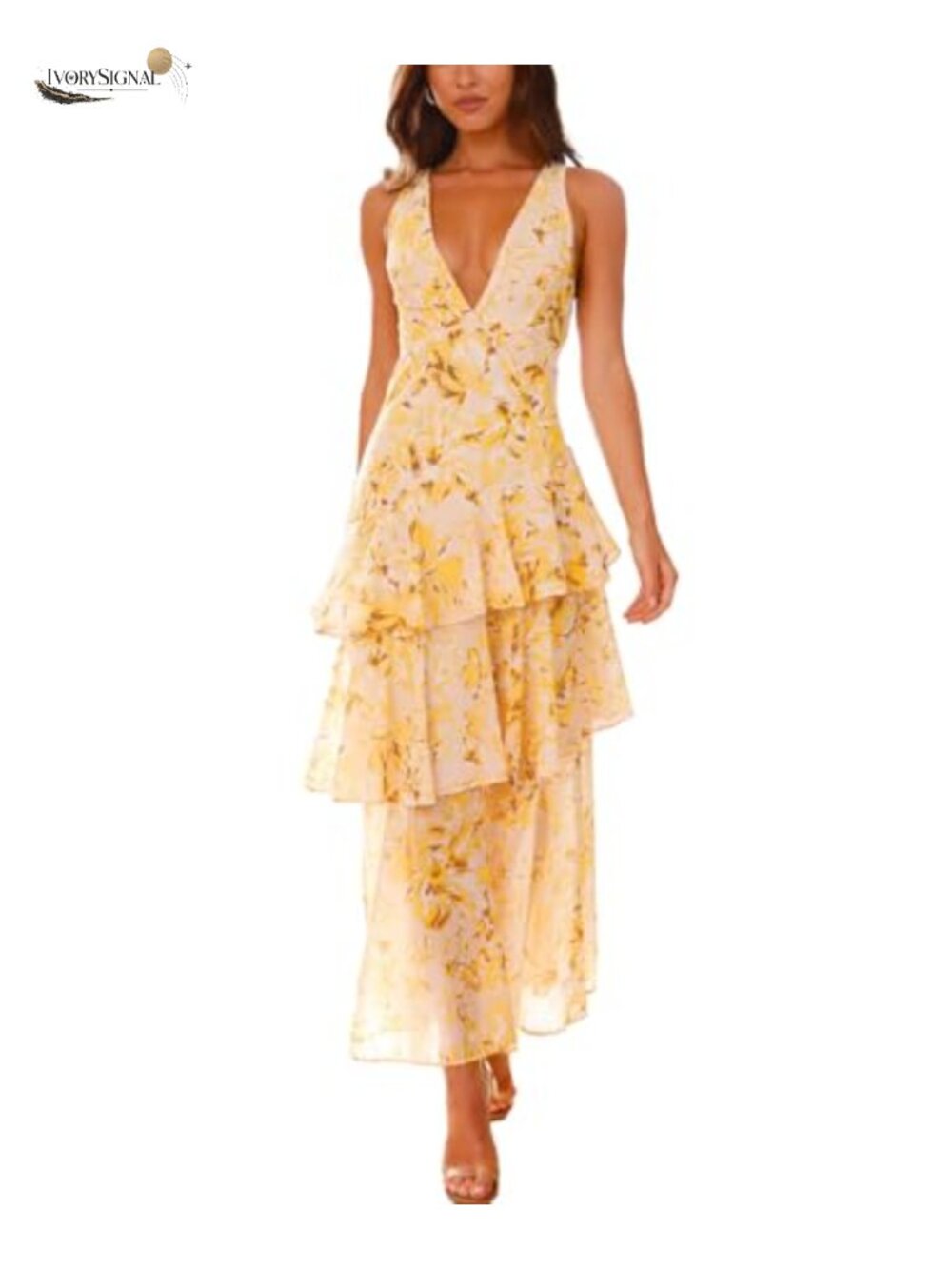 Women's Floral Chiffon Maxi Dress Deep V Neck Backless Ruffles Formal
